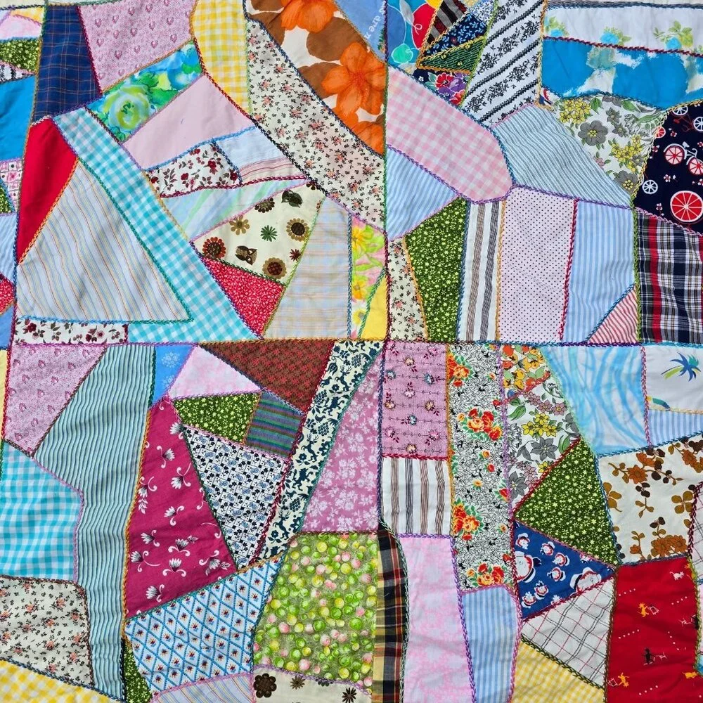 Vintage Crazy Quilt Top 1940s 50s Feedsack Patchwork Hand Embroidery 66x85